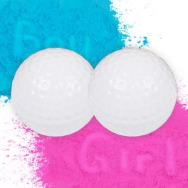 Imagem de ARELUX Conjunto de 2 bolas de golfe reveladoras de gênero com camiseta de madeira, bola explosiva reveladora de gênero com kit de pó azul rosa ótima ideia para bebês, meninos, meninas, anúncio de