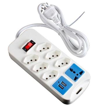 Imagem de Régua De Energia Com 7 Tomadas 2 Usb Branco Bivolt 110V/220V - Guiro