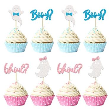 Imagem de Gyufise 24 peças de topos de cupcake fantasma de Halloween rosa e azul - topo de bolo de chá de bebê para revelação de gênero e decorações de festa