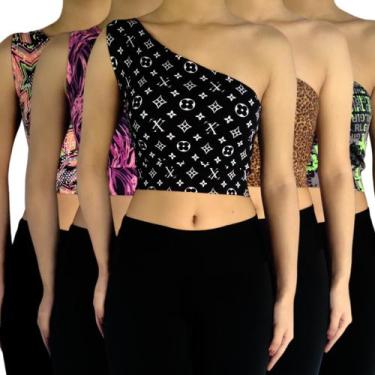 Imagem de Kit 5 Tops Femininos Cropped Regata Um Ombro Mula Manca Estampas Sorti