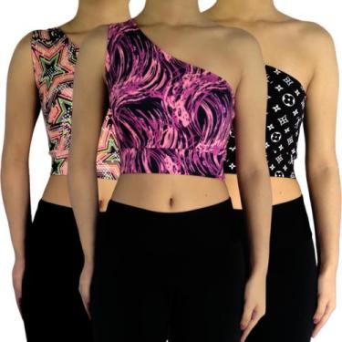 Imagem de Kit 3 Tops Femininos Cropped Regata Um Ombro Mula Manca Estampas Sorti