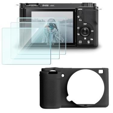 Imagem de HUADU Protetor de tela (3 + 1 pacote) compatível com câmera Sony Alpha ZV-E10 Vlog, filme de vidro temperado antiarranhões de alta definição e capa de silicone macio para câmera ZVE10