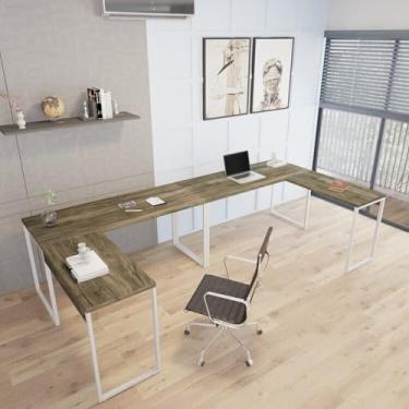 Imagem de Kit 2 Mesas de Escritório em L Estilo Industrial 1,50mx1,50m Kuadra Carvalho Dark/Branco Ches