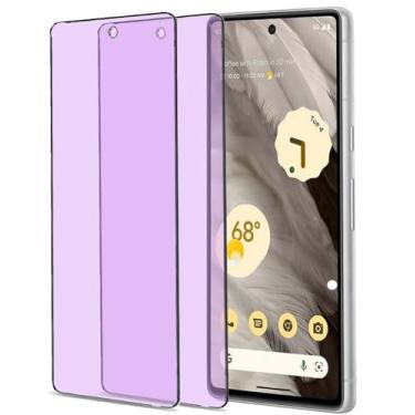 Imagem de Pacote com 2 protetores de tela de vidro temperado antiluz azul compatível com Google Pixel 7. Película de proteção para os olhos, sem bolhas, HD, 9H, cobertura total com bloqueio de luz azul para