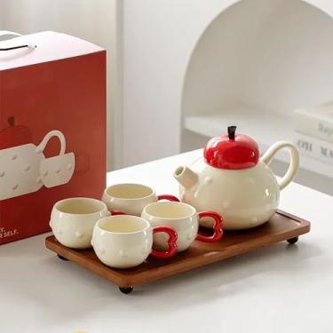 Imagem de Conjunto de chá moderno com tema de maçã, 1 bule (813 g), 4 xícaras de chá e 1 bandeja de chá, conjunto de chá de porcelana para adultos, lindo conjunto de chá de presente