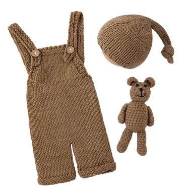 Imagem de Vemonllas Conjunto de fantasia para fotografia de recém-nascidos para meninos e meninas, adereços para fotos de bebê, gorro de urso de crochê, Camelo, newborn