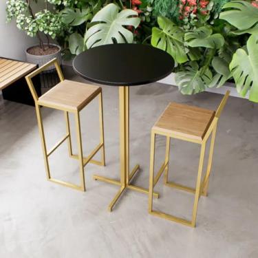 Imagem de Jogo Mesa Alta Bistrô Redonda Preta 2 Banquetas Pinus Confort Industrial Dourado