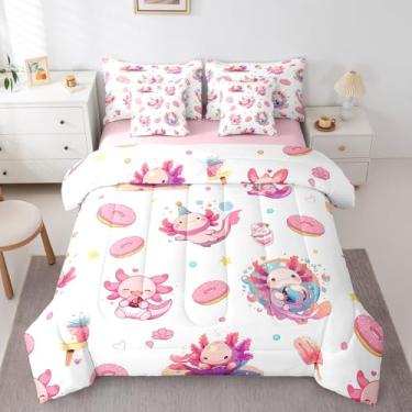 Imagem de Feelyou Jogo de cama solteiro de axolote fofo para meninos e meninas, conjunto de edredom com desenho kawaii, vida marinha, 7 peças, sobremesa, salamandra, adolescentes, 7 peças