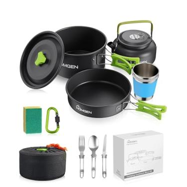 Imagem de HOMGEN Conjunto de panelas e frigideiras de acampamento, kit de panelas de acampamento de alumínio, kit de bagunça, leve, equipamento de cozinha para 2 a 3 pessoas, para acampamento, piquenique