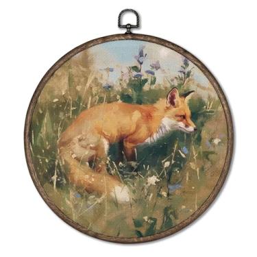 Imagem de Giosve Pôster emoldurado em tela redonda de raposa vintage, fazenda rústica cottagecore raposa floresta animais pendurados esculturas de parede para decoração de casa, quarto, sala de estar, 25 x 25