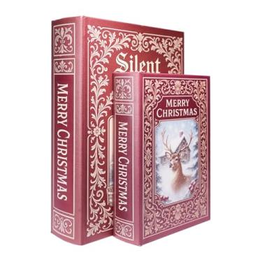 Imagem de XIAOAIKA Conjunto de 2 caixas de livros de madeira decorativas de Natal – Caixas de livro falsas vintage com capa de couro, armazenamento secreto com fecho magnético, caixa de presente de Natal para
