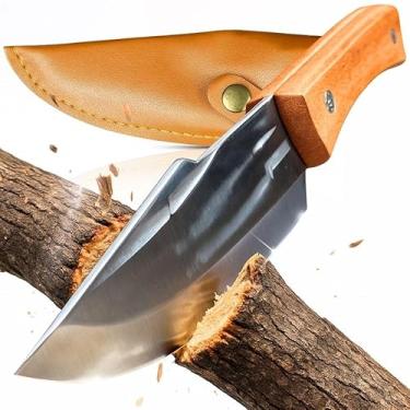 Imagem de Faca Artesanal Multiuso Aço Inox Cabo de Madeira Bainha Couro Lâmina Afiada 21cm Churrasco Camping Pesca Cozinha Sobrevivência Corte Precisão Resistente Durável