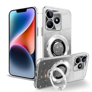 Imagem de Anlalish Compatível com Realme Note 50 capa transparente com glitter com suporte de anel, capa de telefone Realme Note 50 silicone brilhante bonito revestimento proteção Funda para meninas (prata)