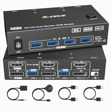 Imagem de KVM Switch 2 Monitores 2 Computadores 4K @144Hz 8K @60Hz, HDMI Displayport Dual Monitor KVM Switch para 2 PC Share 2 Monitores Teclado Mouse Impressora, Controle Remoto com Fio, Adaptador de Energia e