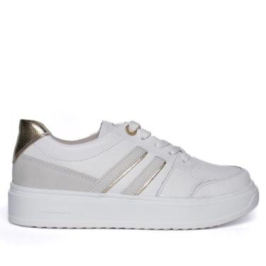 Imagem de Tênis Feminino Pegada Couro Mia Burnished Branco/Dourado, Branco, Dour