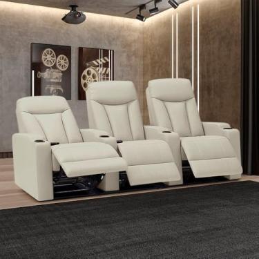 Imagem de Poltrona Sala de Cinema 3 Lugares Elétrica Reclinável Califórnia Aquecimento Massagem Entrada USB/USB-C PU Bege G94 - Gran Belo