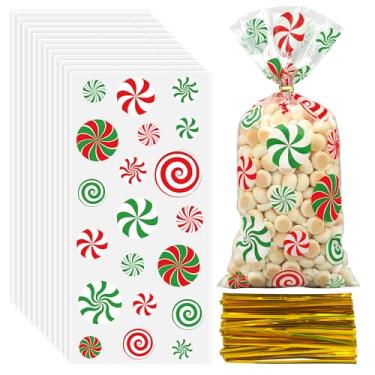 Imagem de peony man 120 unidades de sacos de presente de celofane de Natal, 12 x 26 cm, saco de plástico transparente para doces e doces de Natal, sacos de brindes para violoncelo com laços torcidos para