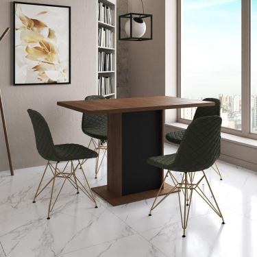 Imagem de Mesa Jantar Londres Tampo Amêndoa 120Cm Base Preta 4 Cadeiras Base Dourado Estofado Verde