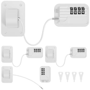 Imagem de Combinação de 4 peças de fechaduras de geladeira, trava de geladeira para segurança infantil, fechaduras de armário autoadesivas, trava vertical para freezer sem perfuração para armários de geladeira
