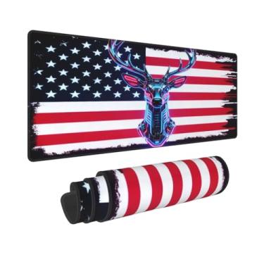 Imagem de CANFLASHION Tapete de mouse com bandeira americana, tapete de mesa de escritório 80 cm x 28 cm, mouse pad grande para jogos com design de veado de alta tecnologia, XL estendido à prova d'água para