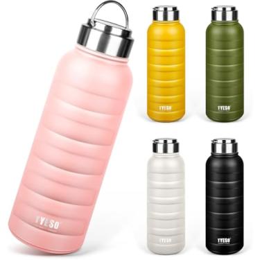 Imagem de TYESO Garrafa de água, garrafa, isolada a vácuo, garrafa esportiva de aço inoxidável, parede dupla, boca larga com alça para adultos e crianças (rosa, 740 ml)