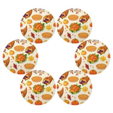 Imagem de Wassud Jogo americano conjunto de 6 tapetes redondos de peru assado de Ação de Graças para cozinha e jantar tapetes laváveis resistentes ao calor para decoração de mesa 39 cm