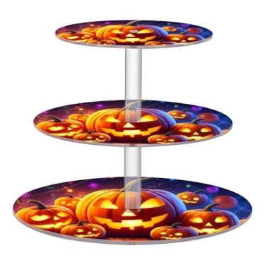 Imagem de CEBUGI Suporte de cupcake de 3 camadas brilhante Jack-o-Lantern Abóboras Suporte redondo para bolo torre bandeja de servir em camadas de acrílico para festa de chá, chá de bebê, casamento e mais
