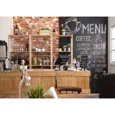 Imagem de Loccor 2,4 x 1,8 m Tecido Café Restaurante Pano de Fundo Interior Bar Café Bar Balcão de Madeira, Menu em Fundo de Parede de Tijolo Vermelho para Decorações de Festa Adereços de Estúdio Fotográfico