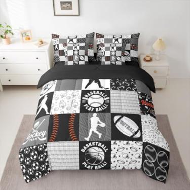 Imagem de Feelyou Jogo de edredom de futebol americano, beisebol, futebol, 7 peças, solteiro, para meninos, meninas, adolescentes, presente, basquete, hóquei no gelo, preto, macio