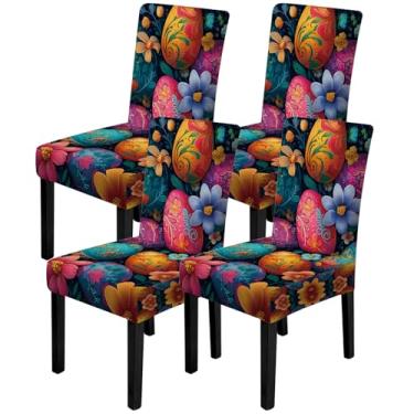 Imagem de ANNA QUEEN Conjunto de 4 capas de cadeira de mármore, capas elásticas, removíveis, laváveis para jantar, fazenda, hotel, festa, casamento (ovos de Páscoa florais)