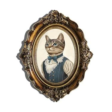 Imagem de XIAOAIKA Arte em tela emoldurada oval barroca vintage, impressão de retrato de gato vitoriano com detalhes em relevo 3D, moldura de resina dourada bronze antigo para decoração de sala de estar