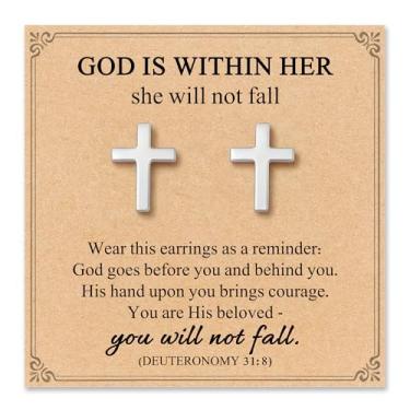 Imagem de Brincos de cruz para mulheres e meninas, presente religioso cristão de Páscoa, joias, presente com cartão de citação significativo e bolsa de presente, Liga de aço, Sem pedra preciosa