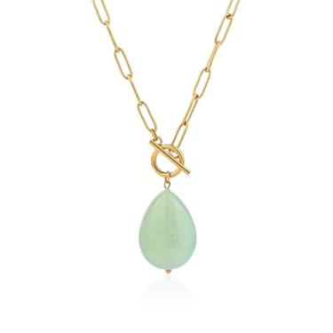 Imagem de TaYolnFaSo Colar com clipe de papel de pedra preciosa em gota banhado a ouro 18K, aventurina verde/quartzo rosa/turquesa, joia presente para mulheres, Banhado a ouro, Aventurina verde