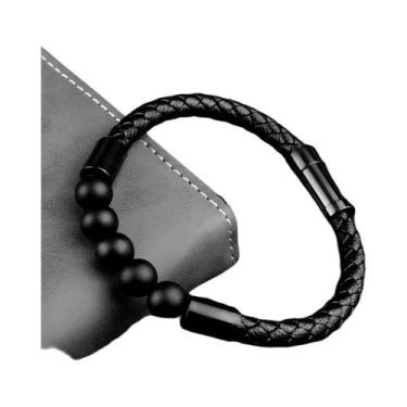Imagem de Pulseira Masculina De Couro Preto Com Contas Vulcânicas, Joia De Chakr
