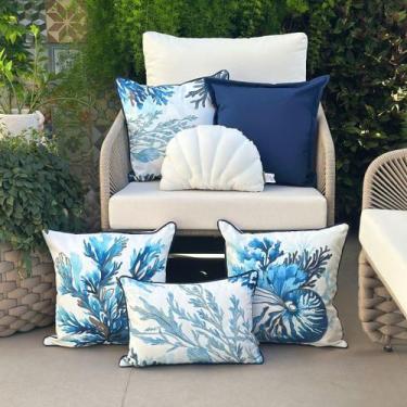 Imagem de Kit 6 Capas Almofadas Impermeáveis Algas, Concha e Lisa Azul - AMOFADA