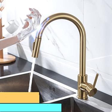Imagem de Torneira misturadora de cozinha de toque frio quente em casa branco pull out torneiras misturadoras de cozinha toque sensível inteligente torneiras de pia de cozinha, toque, ouro