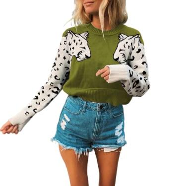 Imagem de LUBOSE Pulôver feminino de gola redonda, pulôver feminino solto de malha de manga comprida, suéter pulôver fashion feminino, suéter feminino estampado de leopardo (M, verde escuro)