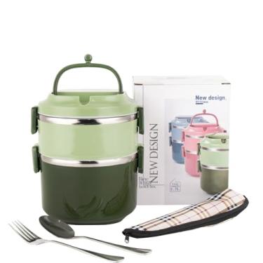 Imagem de Lancheira de aço inoxidável 304 com função de vedação, cesta de combinação de múltiplas camadas para piquenique (verde, 2 camadas)