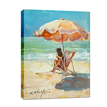 Imagem de LJZLDZS Arte de parede em tela de praia mulher na cadeira sob guarda-chuva laranja decoração costeira oceano paisagem marítima imagens de arte para banheiro quarto sala de estar impressão de pintura