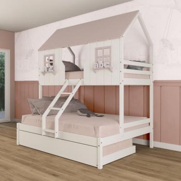 Imagem de Treliche Casal/ Solteiro Casinha Encantada Madeira Maciça Branco/ Rosa Megamobilia