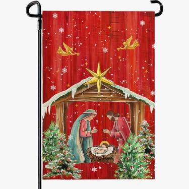 Imagem de Dacawin Poinsétia de Natal, bandeira de jardim, noite sagrada, presépio com dois lados, bandeiras religiosas de Natal Jesus presépio decoração de casa banner para inverno, feliz feriado, decoração de
