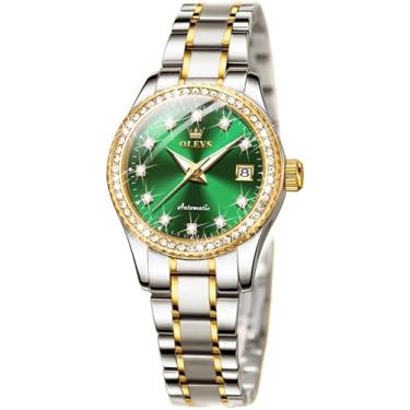 Imagem de OLEVS Relógios femininos automáticos com diamante de aço inoxidável com corda automática, relógios de pulso luminosos à prova d'água, L7003: Pulseira de dois tons e mostrador verde, Elegante