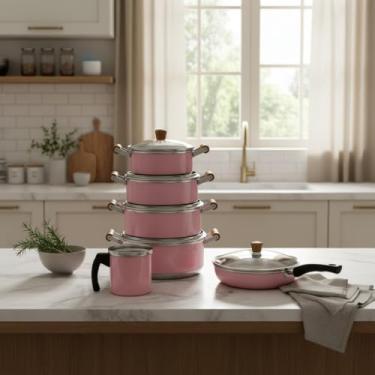 Imagem de Conjunto de Panelas, Caçarola de Alumínio 16-24cm com Tampa de Vidro, Frigideira 22cm e Canecão Pop 12cm (Rosa)