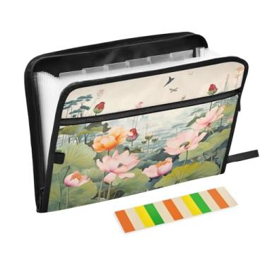 Imagem de Wassud Pintura de flores de lótus, 13 bolsos, organizador de arquivos sanfonados, pastas expansíveis com abas e adesivos, organizador de pastas de documentos de recibo de papel tamanho carta A4 para