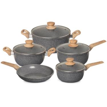 Imagem de OSTER Conjunto de Panelas Antiaderentes 5 Peças Marble Edition - Jogo de Panela e Frigideira, Construção em Alumínio e Revestimento Duplo de Cerâmica, Alças e Cabos Revestidos em Silicone - Dark Grey