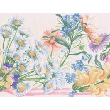 Imagem de CONCORD WALLCOVERINGS ™ Papel de parede com padrão floral retrô flores folhas para sala de estar quarto casa de campo, branco azul claro verde roxo amarelo rosa laranja, 18 cm por 3 m IG75164B