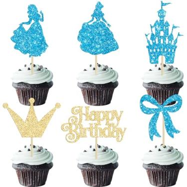 Imagem de Gyufise 24Pcs Frozen Princess Cupcake Toppers Glitter Castle Bowknot Happy Birthday Cake Topper Decorations for Princess Happy Birthday Baby Shower New Year Party Supplies Blue Gold