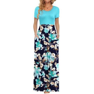 Imagem de Vestido maxi AUSELILY feminino de manga curta, solto, liso, azul claro