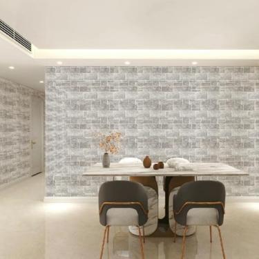 Imagem de ESSMOKO Papel de parede com padrão de tijolo espesso PVC material impermeável fundo de hotel parede retrô papel de parede 3D estereoscópico adesivo de parede cinza e branco tijolo horizontal 44 * 1000