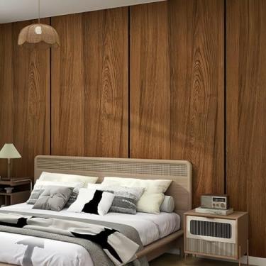 Imagem de ESSMOKO Papel de parede efeito de grão de madeira impermeável e resistente a manchas autoadesivo adequado para renovação de parede de cozinha e banheiro marrom escuro teca 40 * 500 cm